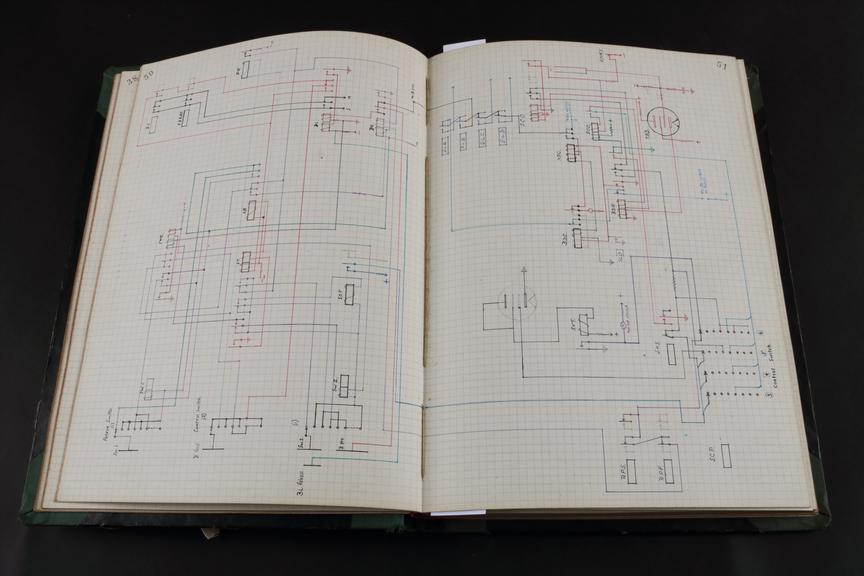 Notebook of circuit diagrams, some with accompanying text