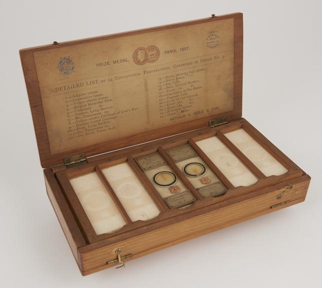 Case containing 10 microscope slides comprised of animal