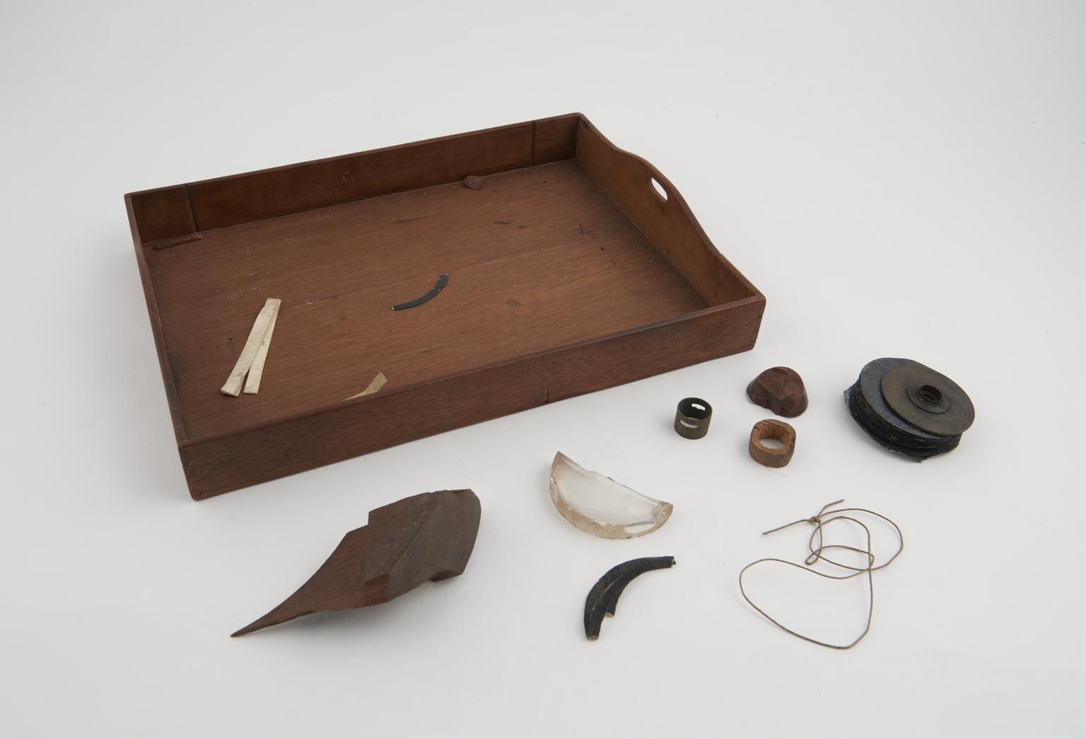 Silver Disc Science Wooden tray with 25 thin metal discs, a ceramic cone, a lens and wooden ...
