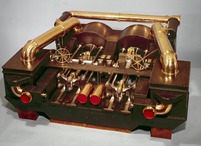 Working model, of a pair of single horizontal cylinder engines, with steam jacketed cylinders as fitted on HMS 'Monarch' (1868) (model - representation)