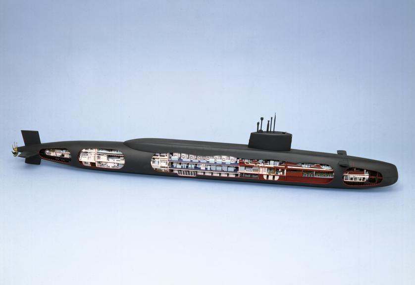 Whole model, cut-away longitudinally, of ballistic missile carrying submarine, HMS 'Resolution', 1966