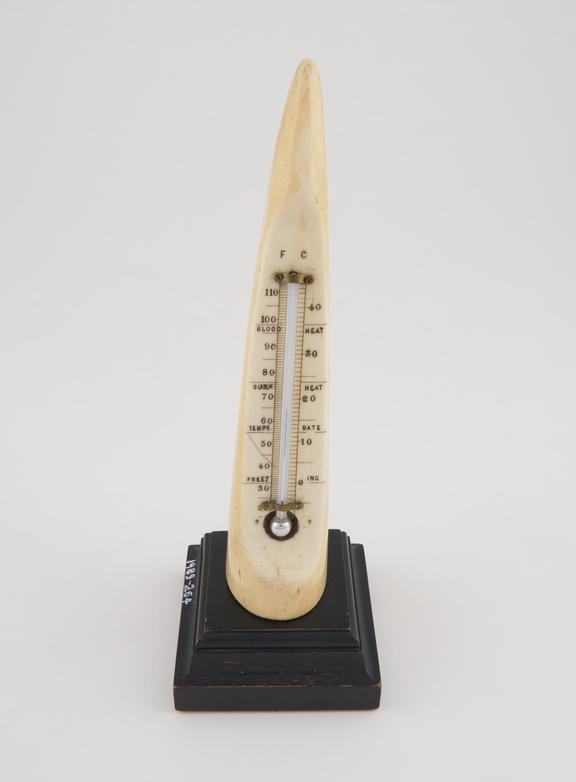 Decorative mercury-in-glass thermometer mounted on the tip of a