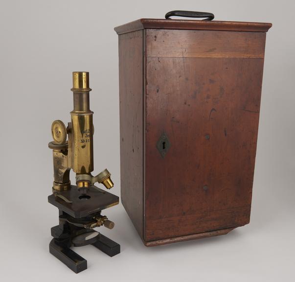 Monocular microscope, brass, in mahogany case