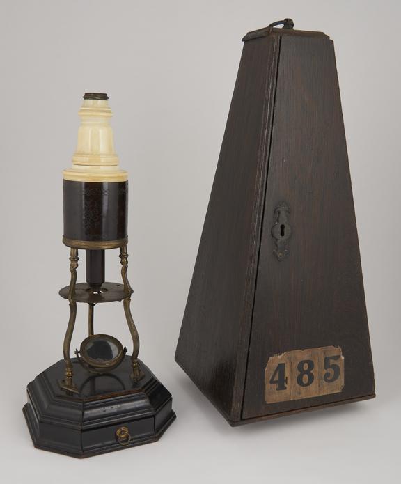 Compound Culpeper microscope in conical oak case, lock, no key