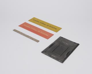 Metal type forme, metal plate and 2 print example specimens