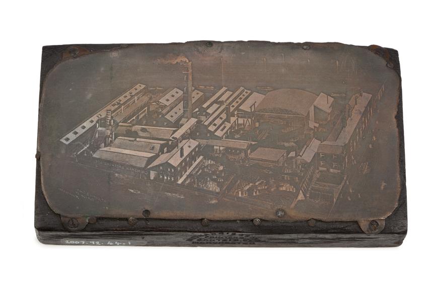 Copper etching of Grimshaw factory tacked onto wooden