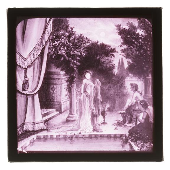 Magic lantern pose slide showing a women in a classical garden