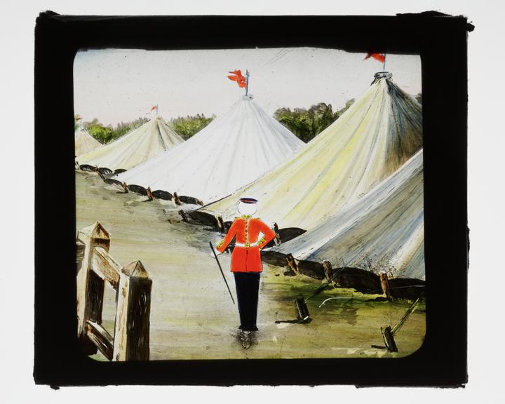 Magic lantern pose slide showing a soldier dressed in red