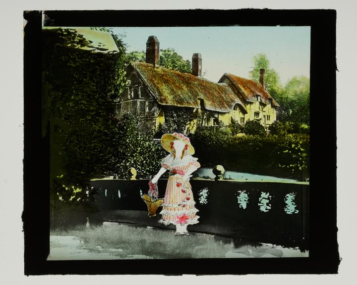 Magic lantern pose slide showing a woman in English dress (magic lantern pose slide)