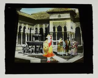 Magic lantern pose slide showing a woman in Spanish dress