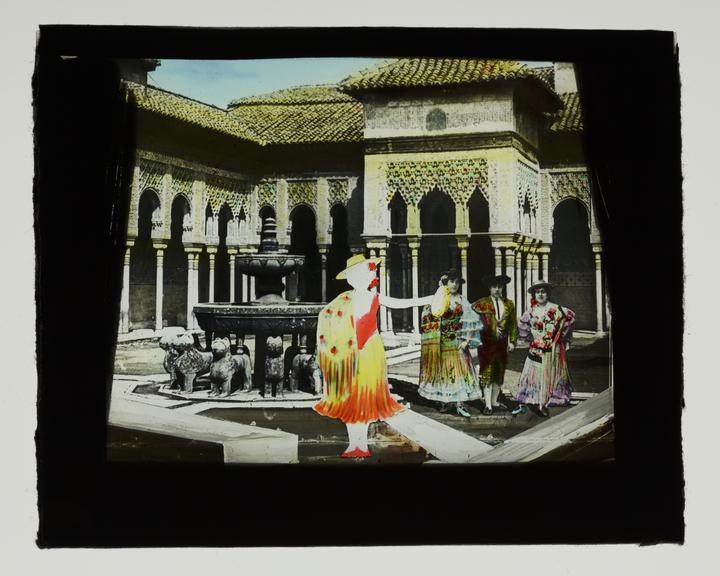 Magic lantern pose slide showing a woman in Spanish dress (magic lantern pose slide)