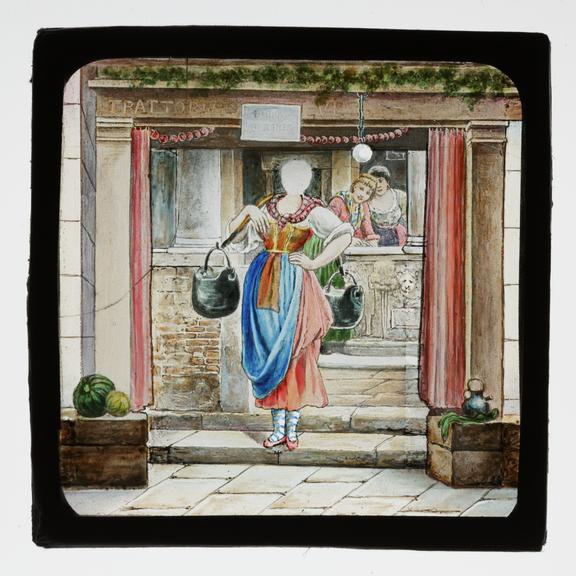 Magic lantern pose slide showing a female water carrier