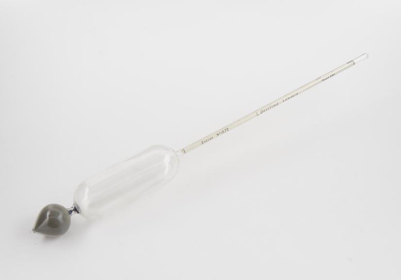 Glass excise hydrometer by Oertling, bearing serial number 1572