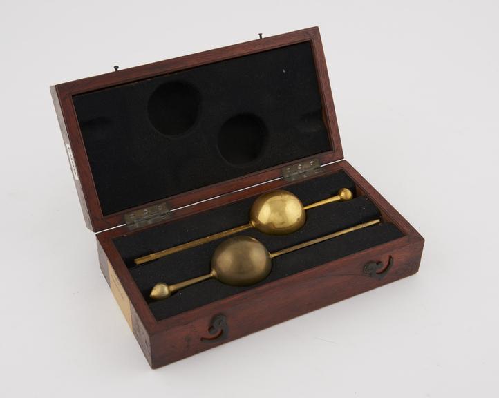 Two gilt excise hydrometers by Dring and Fage in mahogany box