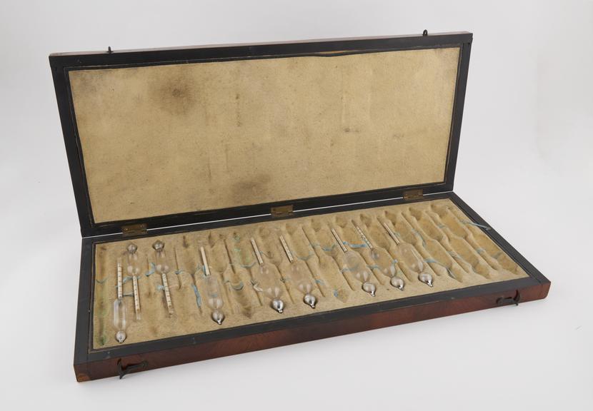 Set of hydrometers (incomplete, 9 out of 27) in wooden case