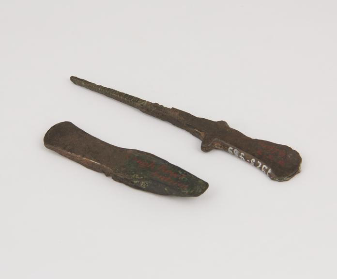 Two small bronze chisels, Ireland, one tanged, one flanged