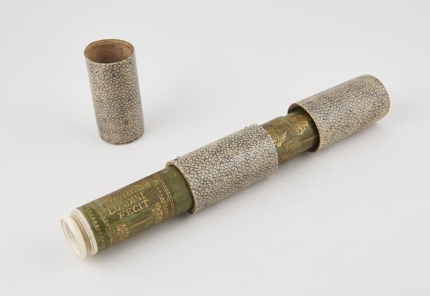 Terrestrial hand telescope, 3-draw, green vellum, hand tooled