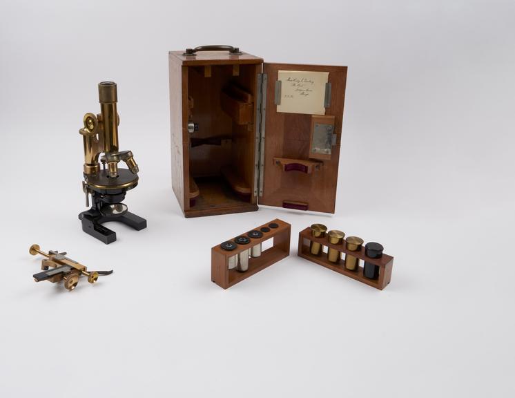 Brass monocular microscope in wooden case