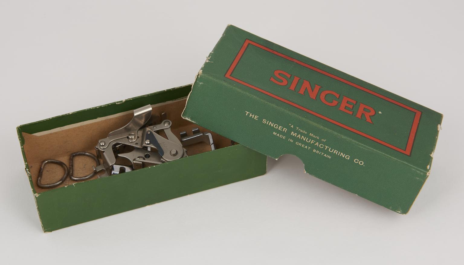 Cardboard box associated with the Singer model 319K lock stitch electric sewing machine