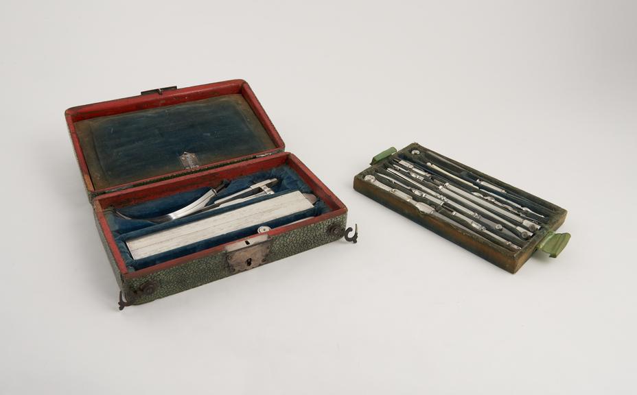 Set of silver drawing instruments in shagreen magazine case