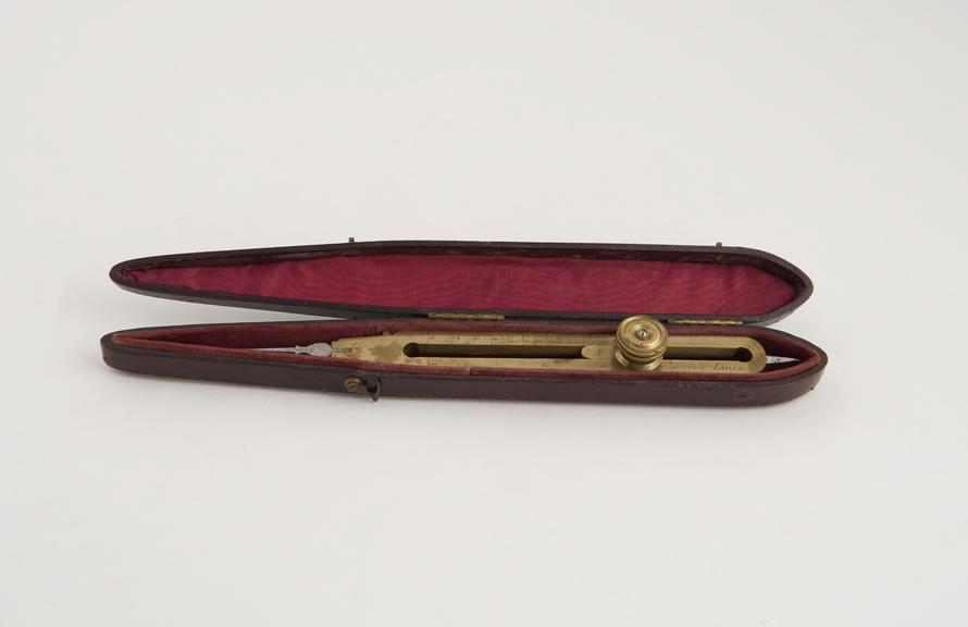 Brass proportional compasses, in red leather fitted case by R.B