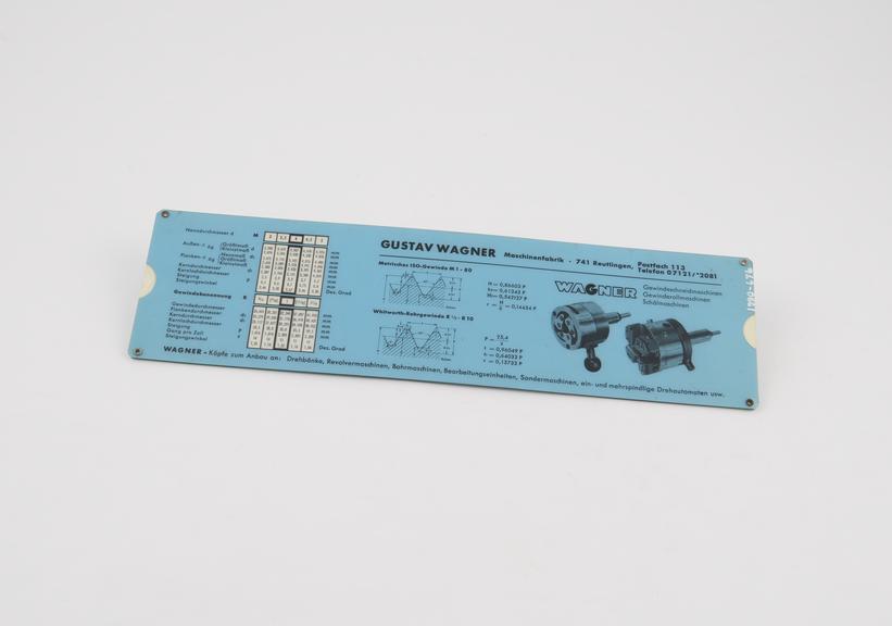 Ready reckoner for screw-cutting machines made 1970 for Gustav