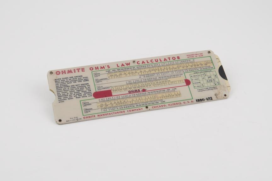 Logarithmic slide rule, card and plastic