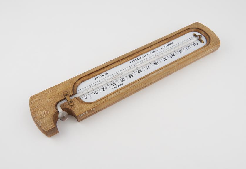 Minimum alcohol thermometer, oak frame by Pastorelli & Co