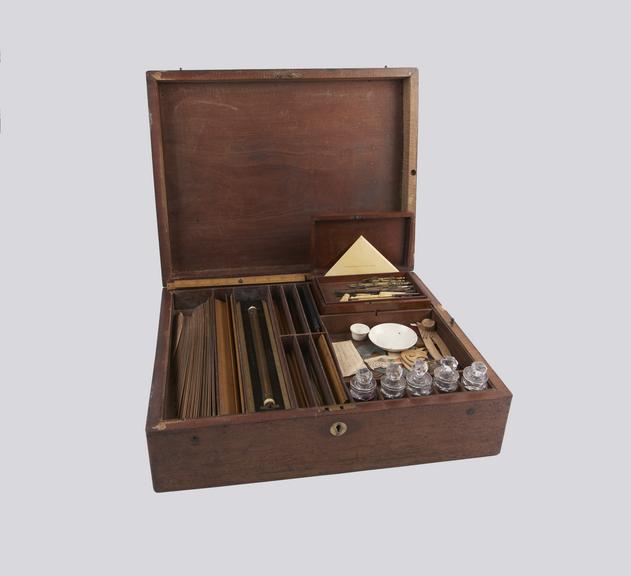 Box of draughtsman's instruments 46 x 36 x 15 cm