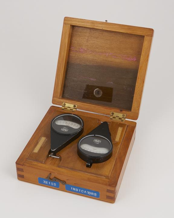 Pair of Carl Zeiss dial type measuring gauges in a box; nos