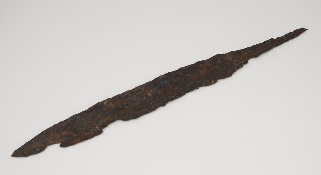 Bronze spearhead, tanged with barb, European, Bronze Age.