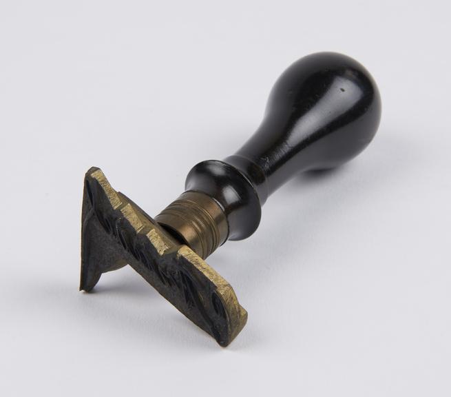 Brass name stamp with hardwood handle, unsigned, 1850-1859