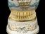 Lower denture of hippopotamus ivory, on ceramic stand