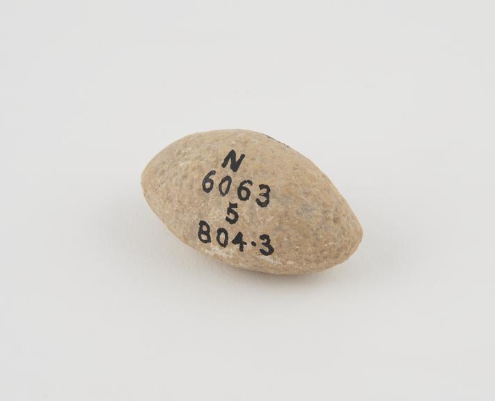 Limestone Syrian weight, barrel shaped, from Gaza. Necef system