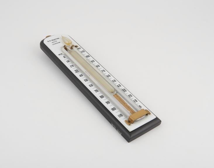 Six's thermometer with very flat bulb, by Denton, 1876.