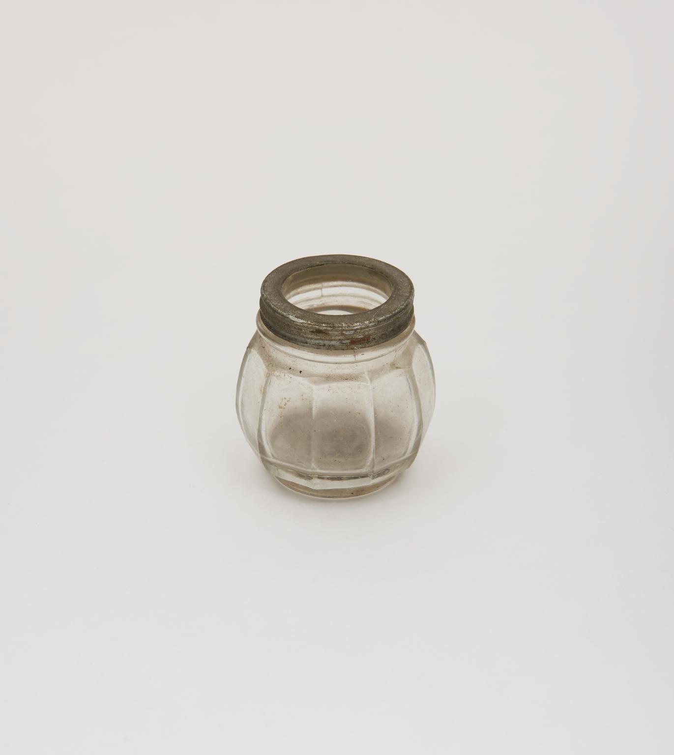 glass and metal mustard pot, British, 1918-50.