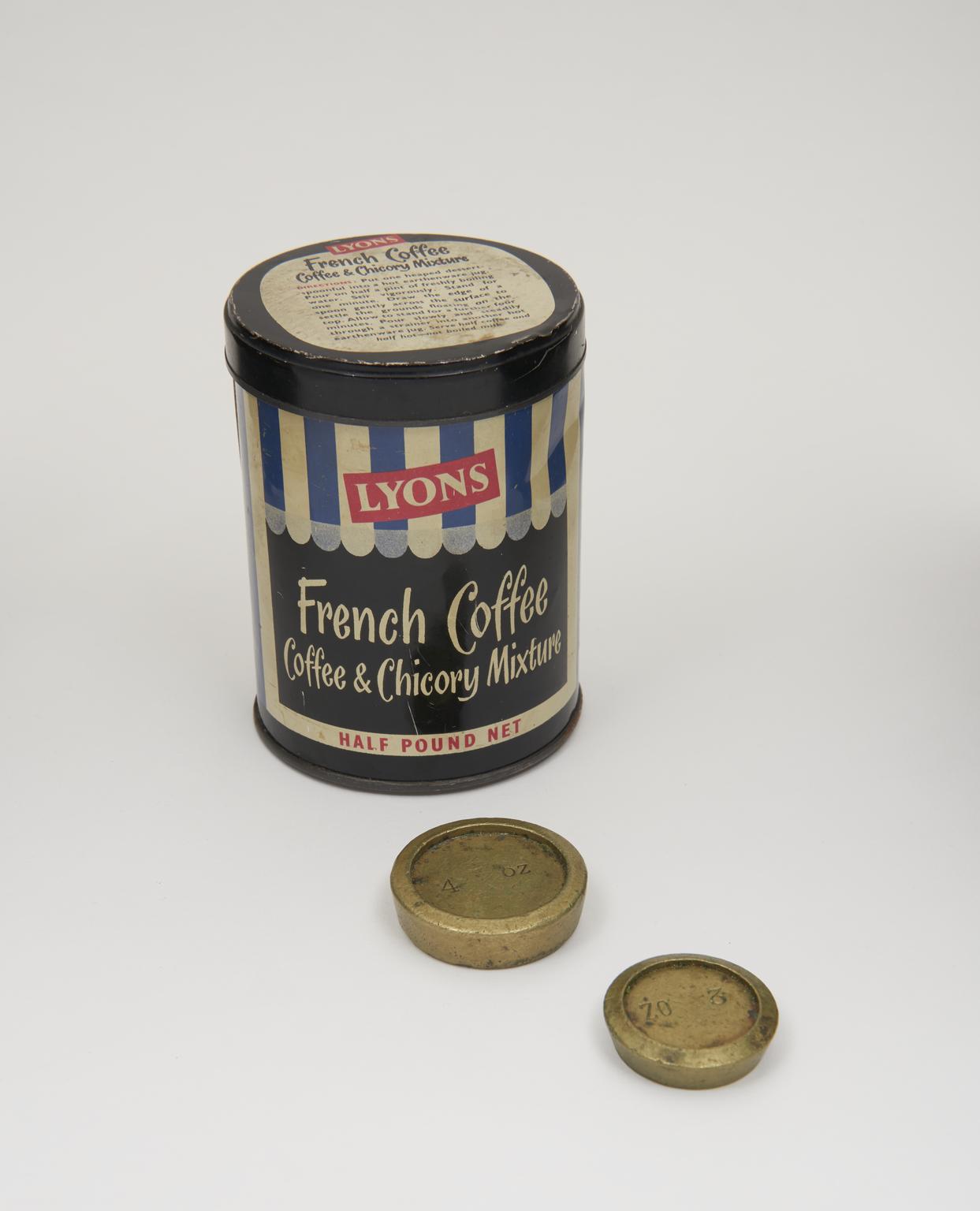 Tin containing 16 weights for the cast iron counterbalance kitchen scales