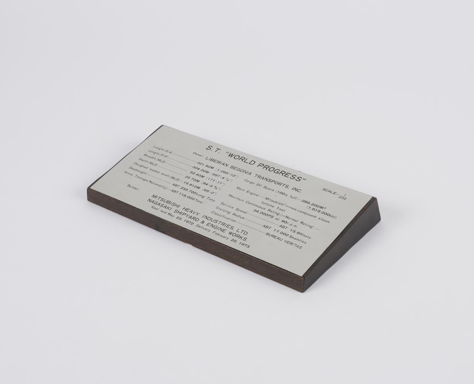 Plaque for model of the 'World Progress'