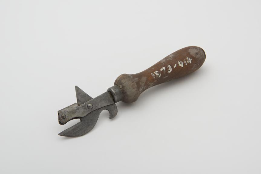 Hand held tin opener with wooden handle