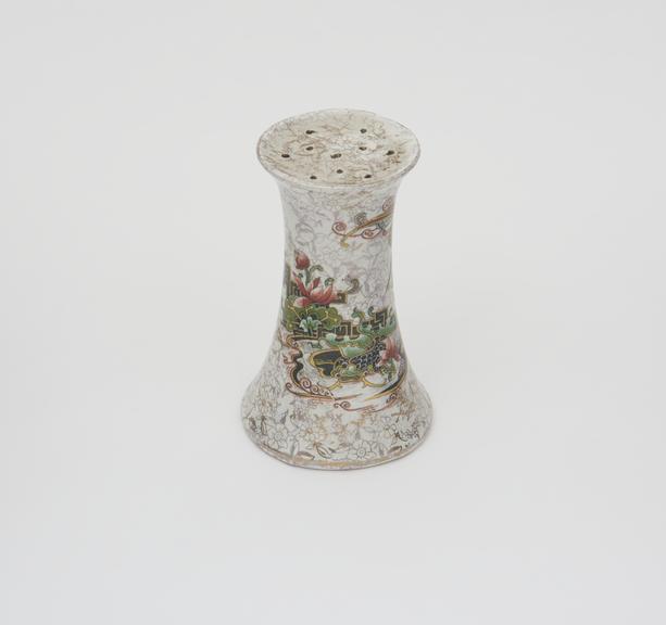 Ceramic sugar shaker, ornate chinese polychrome decoration