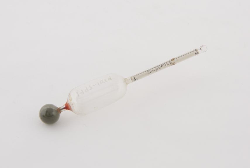 Glass hydrometer by unknown maker. 113mm long. Range 0.800 - 0