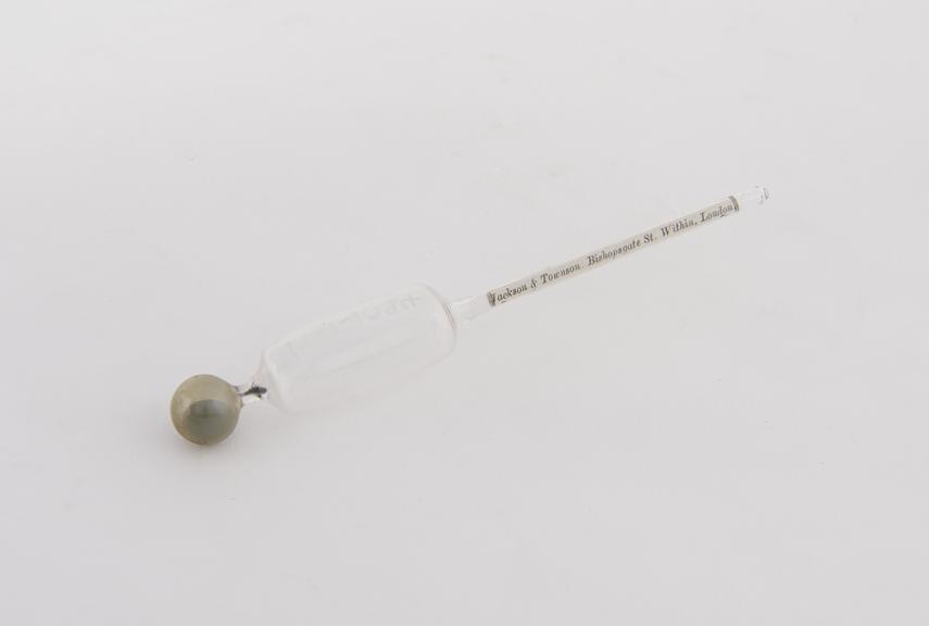 Glass hydrometer marked Jackson & Townson. 124mm long. Range 0