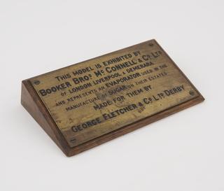 Plaque from the model of an evaporating plant used in sugar manufacture