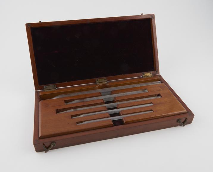 One of five sets of standard pipettes in fitted mahogany case