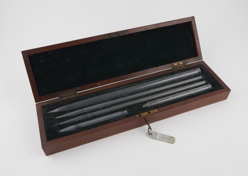 One of five sets of standard pipettes in fitted mahogany case