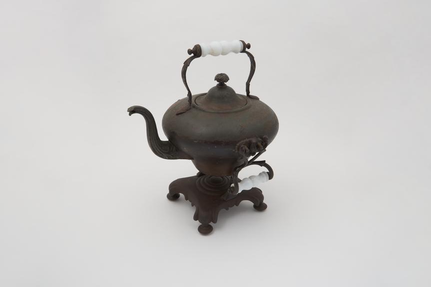 Tilting tea-kettle, heated by a metal slug, 1845, by Shoolbred