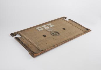 Wooden dashboard with eight badges, removed from Stanley steam car