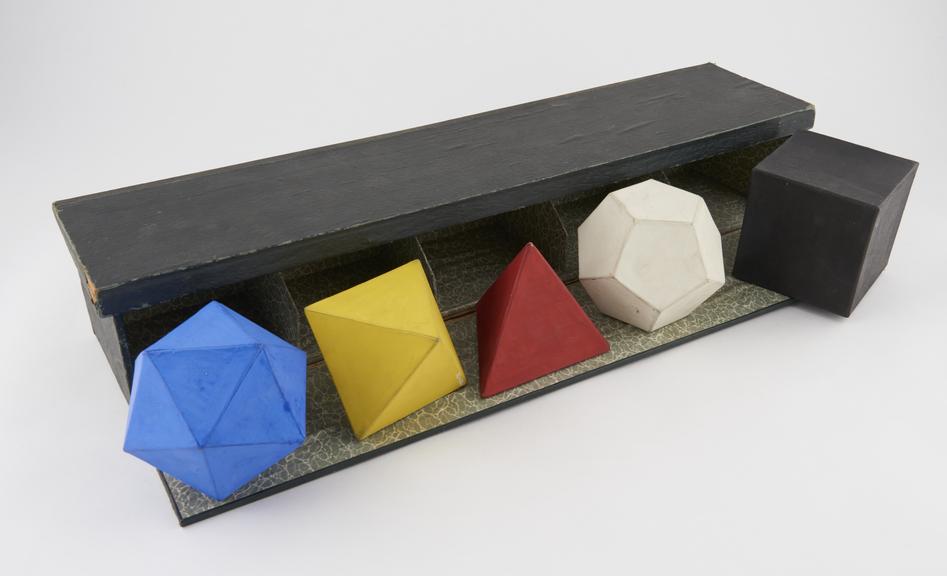 Set of Platonic solids, painted card, in fitted box