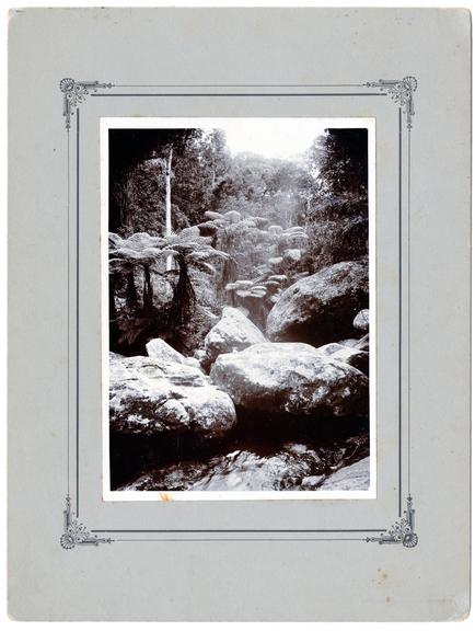 A mounted photographic print of a rocky ravine