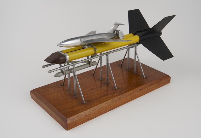 Model of rocket boosted aircraft on stand